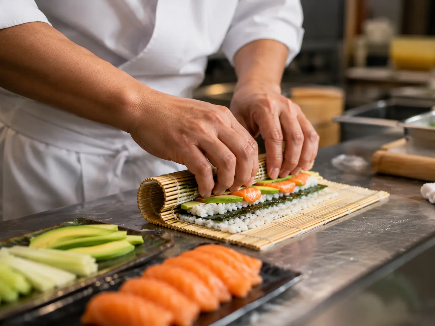 Speedy Snack chef handcrafting fresh sushi rolls in Washington DC kitchen